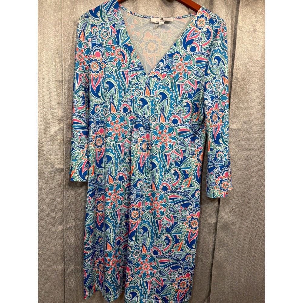 Jean-Pierre Klifa Paris Blue Paisley Floral V-Neck Bell Sleeve Shift Dress M